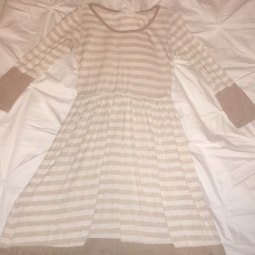 “Reborn J” taupe and white striped dress
